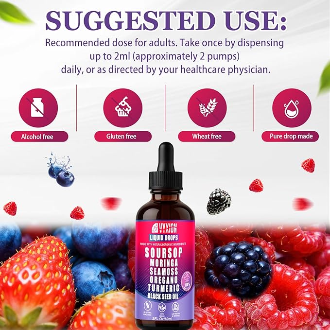 Soursop Bitters Liquid Drops 10 in 1 with Sea Moss Moringa Turmeric Black Seed Oil Oregano Ashwagandha | Herbal Extracts for Overall Health-Enhancing |Vegan Non-GMO| 2 Fl Oz(Mixed Berry Flavor)
