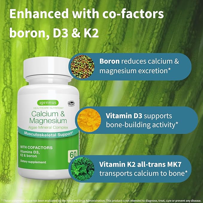 Igennus Algae Calcium &amp Magnesium Supplement Plant Based High Absorption K2 &amp D3 Non-GMO Red Algae Mineral Complex for Bone &amp Teeth Support for Women and Men with Boron Vegan 6 x 6