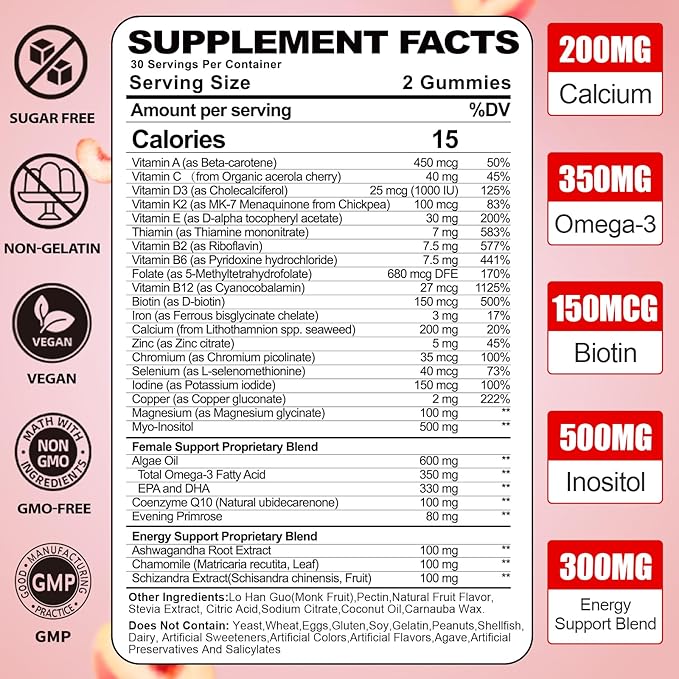 Women’s Multivitamin Chewable Gummies: Sugar Free Natural Vegan Vitamins Supplement Plus D3 K2 B9 B12 Biotin Iron Zinc Omega - Daily Energy Hair Immune Health Support for Work Women(60Count)