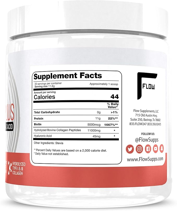 Flow Supplements Collagen Peptides Protein Powder Collagen Supplements with Hyaluronic Acid + Biotin Hydrolyzed Collagen Peptides Multi Collagen Powder Type I and III - 348 Gram (Pack of 1)