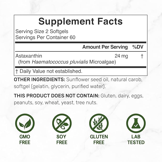 DEAL SUPPLEMENT Astaxanthin 24mg Per Serving (12mg Per Cap) 120 Softgels – Double Strength Microalgae – Antioxidant Supplements for Skin Eyes Joints &amp Immune Support – Non-GMO