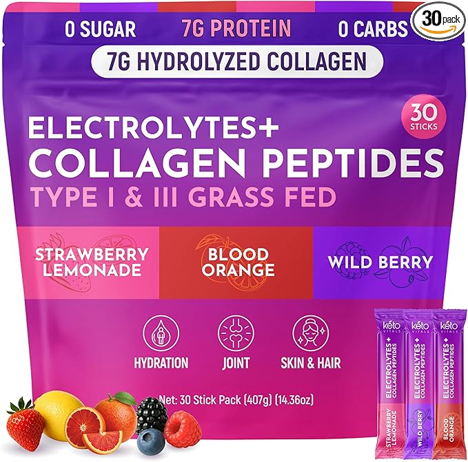 Keto Vitals Collagen Powder for Women Plus Electrolytes - 30 Travel Packets - 7.78G of Type I &amp III Grass Fed Hydrolyzed Collagen Peptides Protein Per Stick - Colageno Hidrolizado for Women