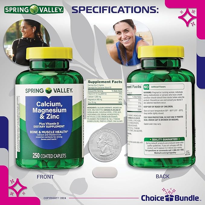 Spring Valley Calcium Magnesium &amp Zinc Plus Vitamin D Coated Caplets 250 Ct 4 pk (1000 Total) + Vitamin Vitality &amp Pill Container (6 Items)!