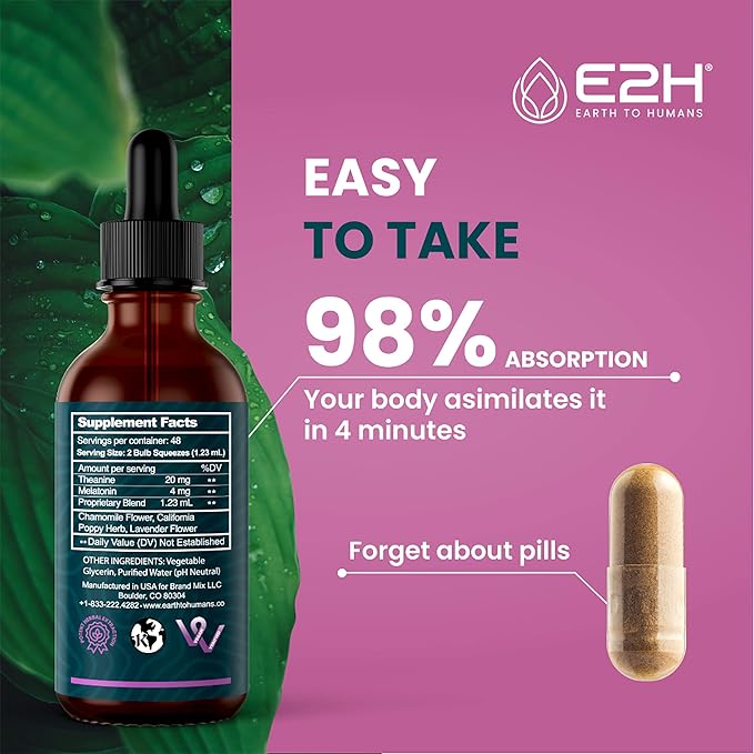 E2H Natural Sleep Aid - Liquid Melatonin with Chamomile Theanine - Sleep Better Deeper Longer - Vegan Gluten Free - Provides Stress Relief (2 Bottles)