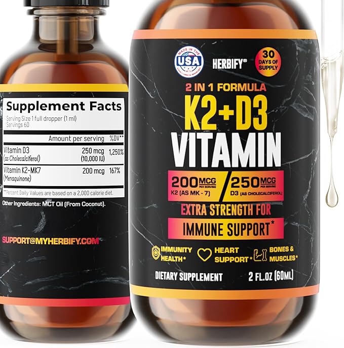 Vitamin D3 K2 Drops – Liquid Vitamins for Women Men &amp Teen - Bone Strength Supplements - D3 K2 Mt Vitamins for Immune Support &amp Heart Health - Vitamin D3 10000 Iu Liquid K2 Drops – 2 oz