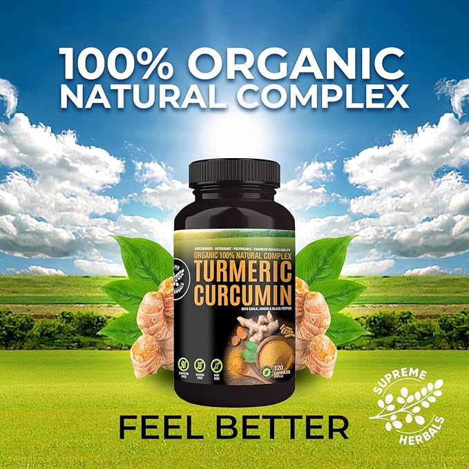 100% Raw and Organic Turmeric Curcumin Capsules. Certified Organic Gluten-Free Non-GMO and Caffeine-Free. Enhanced with Garlic Ginger and Black Pepper 500mg 120 Vegan Capsules