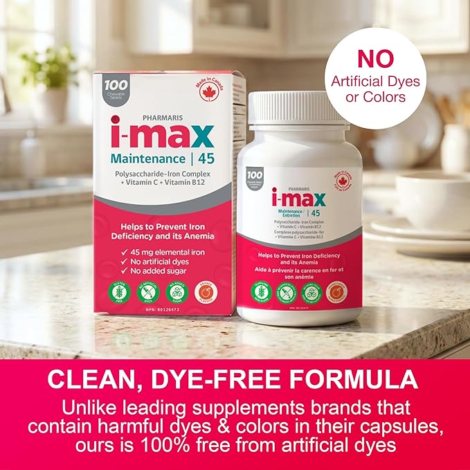 i-max Maintenance Iron Supplement 45mg Elemental Iron-Polyschaccaride Complex + Vitamin C &amp B12 Iron Supplement for Women &amp Men No Artificial Dyes Orange Flavor 100 Chewable Tablets
