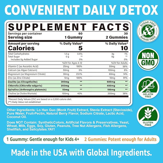 Zeolite Detox for Kids &amp Adults Zeolite Gummies w/Chlorella Spirulina+Kids Calcium Gummies with Prebiotics (FOS) 500mg