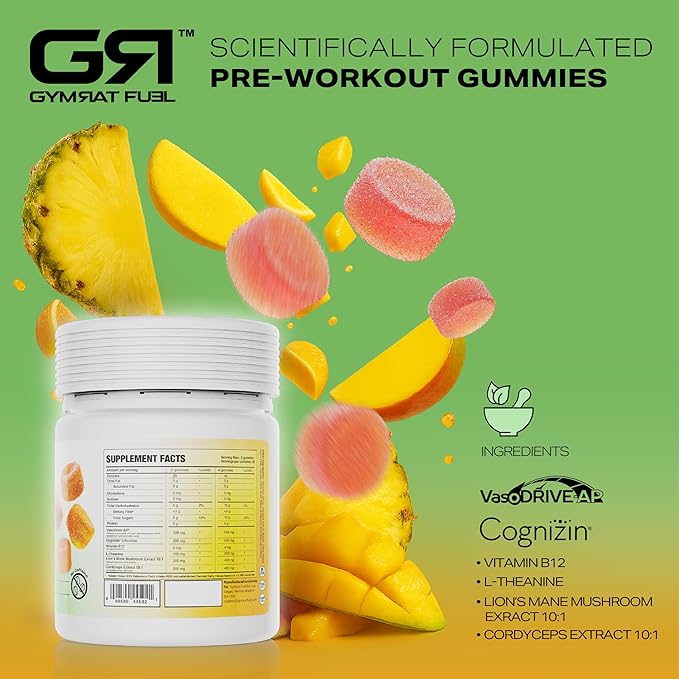 Pre Workout Gummies – Tropical Blast Long Lasting No Crash Vegan Energy &amp Focus Boost USA Made &amp GMP Certified with VasoDrive-AP and Vitamin B 12 for Men &amp Women (60 Count)