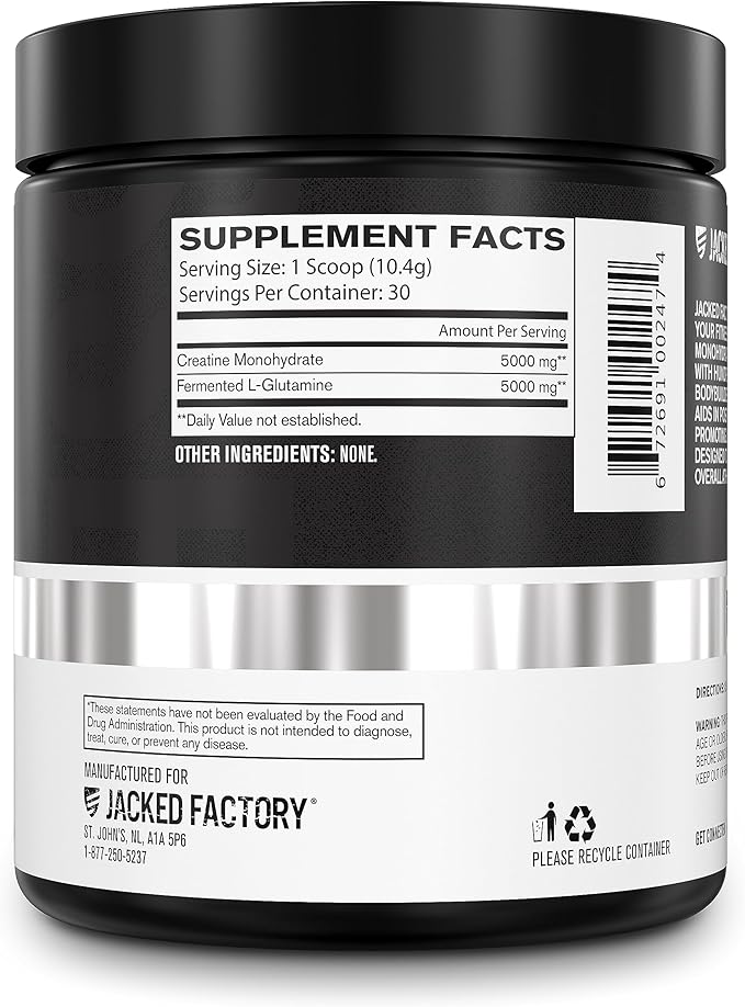 Jacked Factory Creatine + Glutamine - Creatine Supplement with L-Glutamine for Muscle Recovery Muscle Growth Increased Strength Enhanced Energy Output and Gut Health - 30 Servings Unflavored