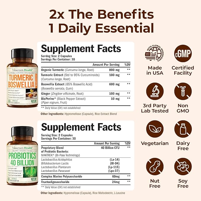 Boswellia Turmeric Curcumin Supplement + 40 Billion CFU Probiotics for Women &amp Men with Prebiotics Bundle for Joint &amp Immune Support Digestive &amp Gut Health – with Ginger Root Organic Tur