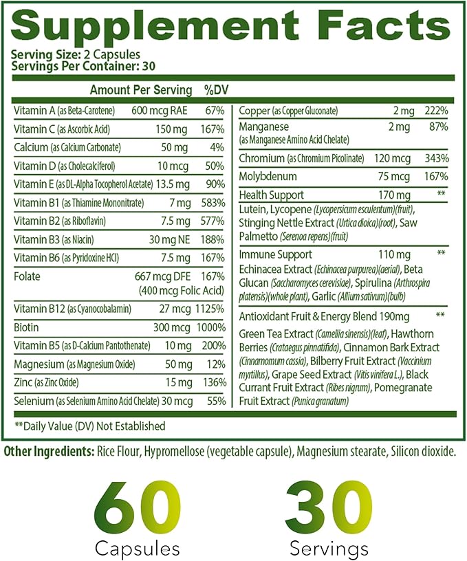 Complete Multivitamin 35‑in‑1 – High‑Potency Daily Vitamins &amp Minerals with Antioxidants (A B‑Complex C D E) Magnesium Zinc &amp Green‑Tea Detox Formula for Women &amp Men – 60 Veggie Caps
