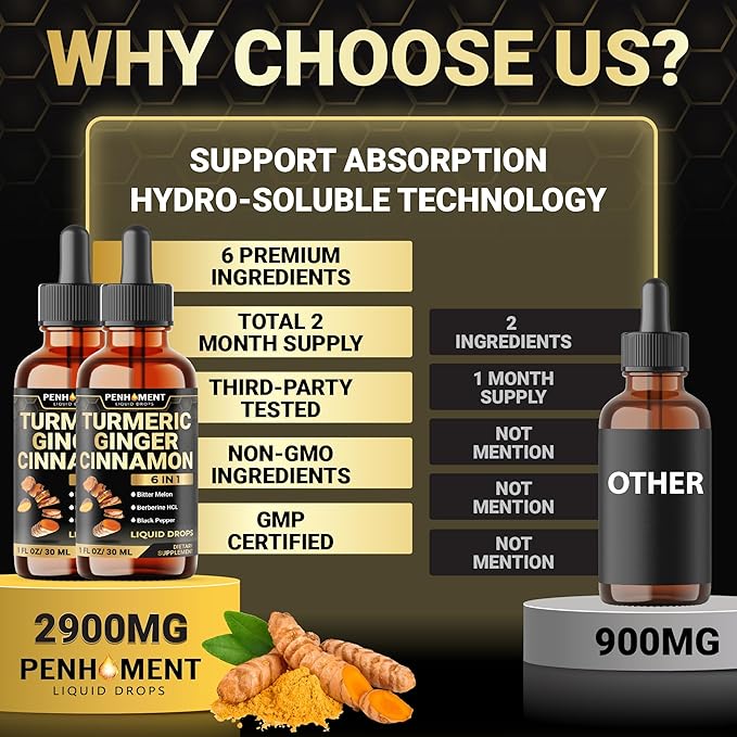 6in1 Liquid Turmeric Curcumin with Ginger Berberine Ceylon Cinnamon Bitter Melon Black Pepper - Drops Extract for Joint Support - 2Packs of 1 Fl Oz