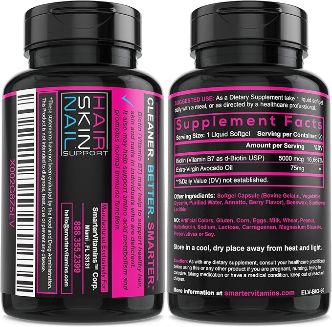 (2 Pack) Smarter Biotin 5000mcg in Avocado Oil Vitamin B7 Non-GMO 90 Mini Liquid Softgels No Soy