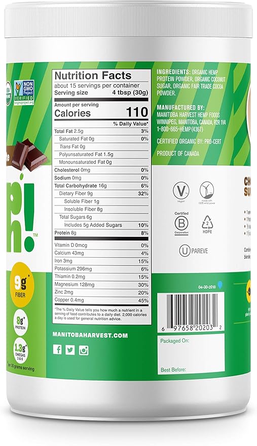 Manitoba Harvest Organic Hemp Pro Fiber Protein Powder Chocolate 16oz with 10g of Fiber &amp 8g Protein per Serving Preservative-Free