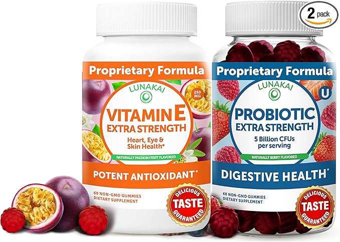 Lunakai Vitamin E and Probiotic Gummies Bundle - 3000 mcg Gummies for Adults Energy Support - with 5 Billion CFUs Per Serving for Digestive Health - Non-GMO All Natural