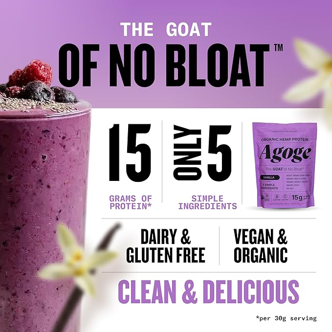 Agoge - USDA Organic Hemp Protein Powder The Goat of No Bloat NSF Certified for Sport All Flavor Essential Amino Acids Plant-Based Gluten Free for Women &amp Men (20 Servings) (Vanilla)
