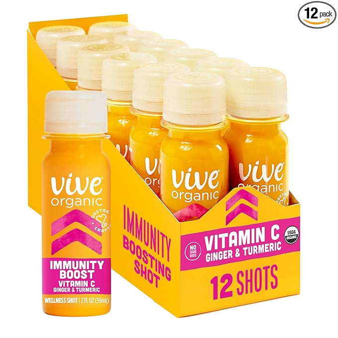 Vive Organic Vitamin C + Immune Support Shot Cold-Pressed Turmeric Ginger &amp Acerola Cherry Gluten Free Vegan Immunity Boost Vitamin C 2 Fl Oz (Pack of 12)