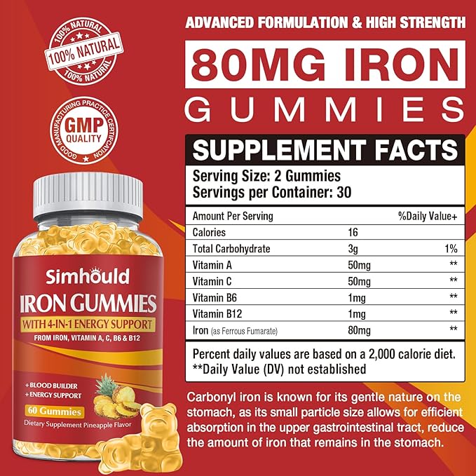 2 Pack Vegan 80MG Iron Supplement Gummies for Women &amp Men - Vitamin A C B for Adults &amp Kids - Blood &amp Builder &amp Energy Support for Iron Deficiency Anemia 120 Counts Pineapple Flavo