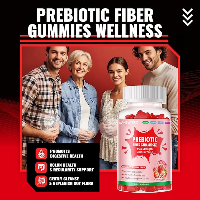 Prebiotic Fiber Gummies for Adults 7G Extra Strength Zero Sugar Added 90 Pectin Based Gummies Digestive Health &amp Regularity Support-Strawberry-2PACK