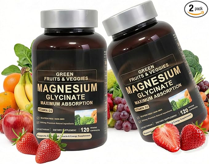 Magnesium Glycinate 500mg 2 Pack (120 Capsules Each) | Pure Magnesium Complex with Vitamin D3 | High Absorption Supplement for Men &amp Women | Gentle Magnesium Glycinate Capsules