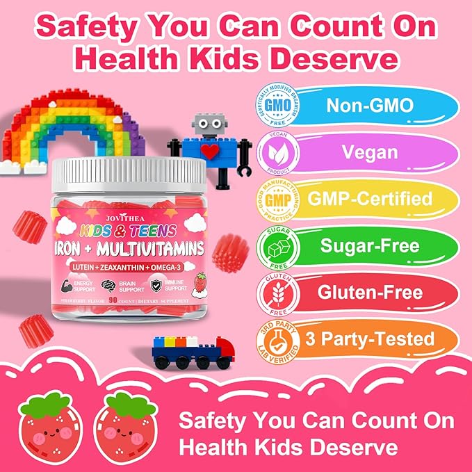 180 Count | Iron Gummies for Kids Kids Multivitamin with Calcium Zinc Folate Omega-3 &amp Lutein Support Energy Immnity Iron Deficiency Anemia &amp Brain Health Vegan Sugar-Free Strawberr
