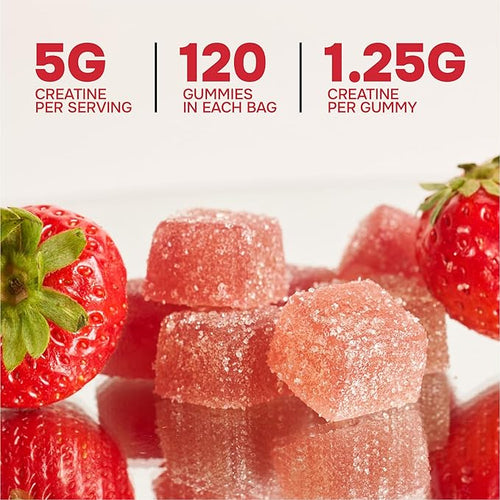 3rd Party Tested Creatine Gummies 5g per Serving Creatine Monohydrate Strength and Recovery Vegan and Gluten Free Strawberry 120 Count (30 Day Supply) Made in USA