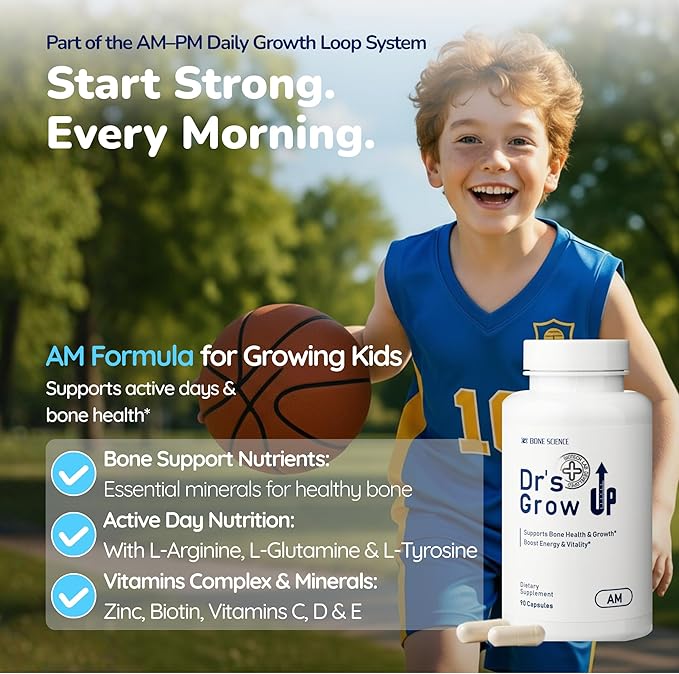 BONE SCIENCE Dr’s Grow UP AM &amp PM Bone and Growth for Kids and Teens Day and Night System Daily Formula with Highly Absorbable Essential Minerals Vitamin D3 and K2 (MK-7)