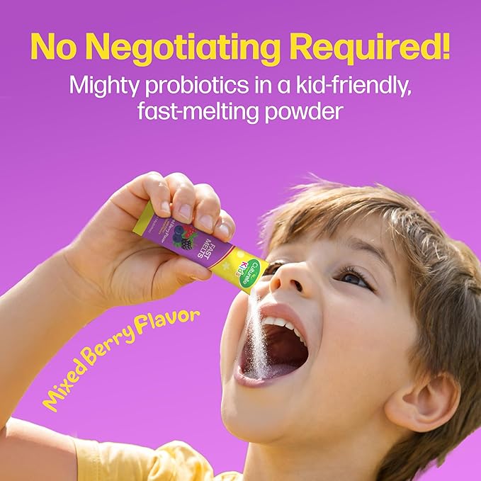 Culturelle® Kids Complete Probiotics Fast Melts Mixed Berry Flavor 30 Count Sugar Free‡ Prebiotic + Probiotic Powder for Digestive and Immune Health Supports Daily Regularity *