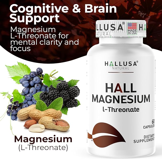Hallusa Natural Magnesium L-Threonate Capsules 2000mg Cognitive Support Supplement for Brain Health &amp Memory Mental Clarity Focus &amp Sleep Aid Non-GMO Gluten-Free 60 Count