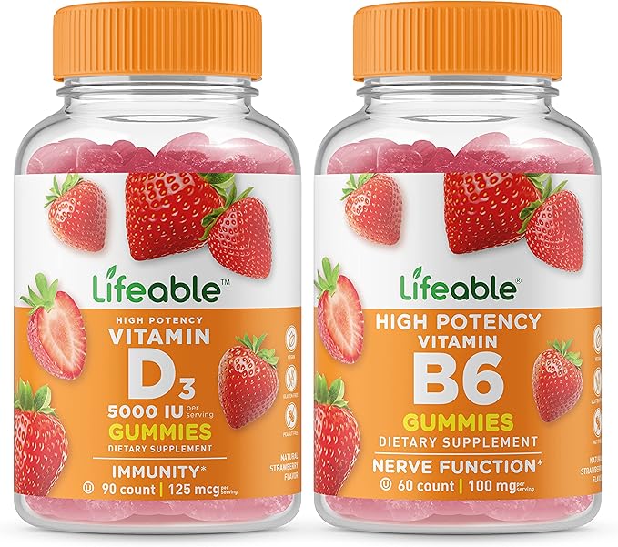 Lifeable Vitamin D 5000 IU + Vitamin B6 Gummies Bundle - Great Tasting Vitamin Supplement Gluten Free GMO Free Chewable Gummy
