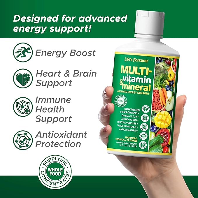 Life's Fortune Liquid Multivitamin for Adults Men &amp Women Teens – High Absorption Daily Vitamins – Trace Minerals Amino Acids with Biotin L-Arginine Potassium – Tropical Flavor Sugar Free 32