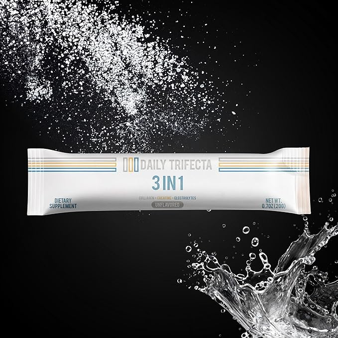 DAILY TRIFECTA 3-in-1 Collagen Creatine &amp Electrolyte Stick Packs | Type I Collagen Creatine Monohydrate Zero Sugar | 30 Natural Single-Serve Packets | Strength Hydration &amp Recovery (Unfla