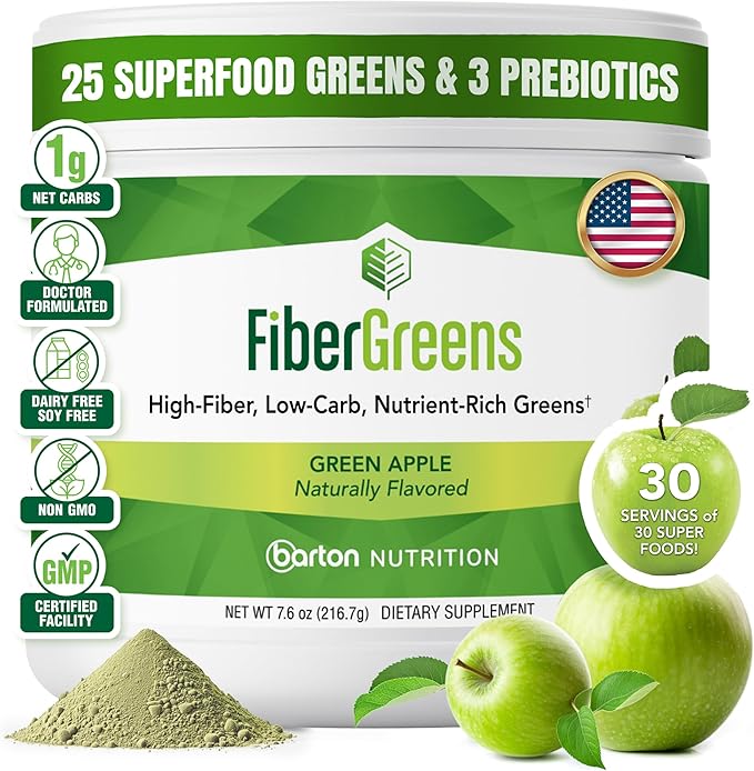 Soluble Fiber Greens Powder with 30 Superfoods Probiotics &amp Prebiotic Fiber Supplement for Women &amp Men - Support Digestion Regulate Blood Sugar &amp Promote Daily Energy - Made in USA - 30