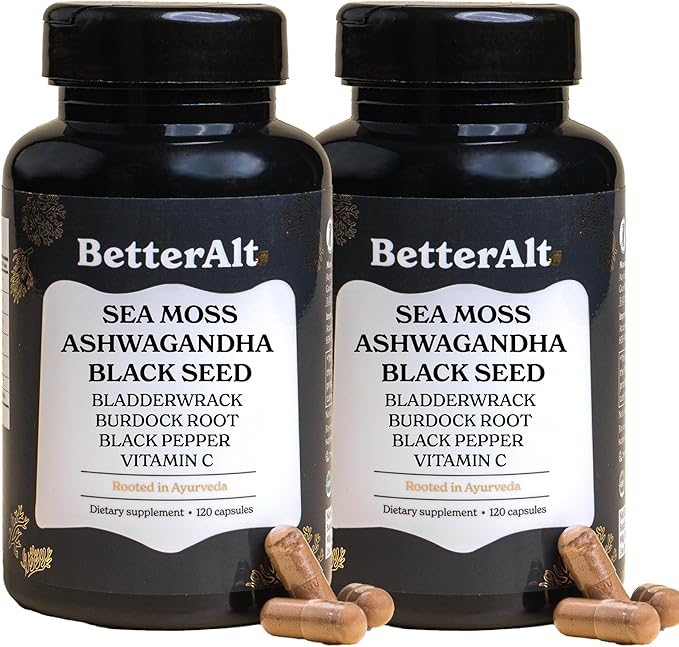 3000mg Iris Sea Moss 2000mg Black Seed Oil 1000mg Ashwagandha 1000mg Burdrock Root 1000 mg Bladderwrack with Black Pepper &amp Vitamin C |Vitality &amp Energy Support | All-in-one supplement| Pa