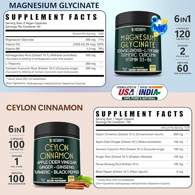 Bundle 6in1 Magnesium Glycinate Supplements &amp 6in1 Premium Ceylon Cinnamon Supplements - Relaxation Restful Day &amp Night Immune Heart Digestion &amp Body Balance Support