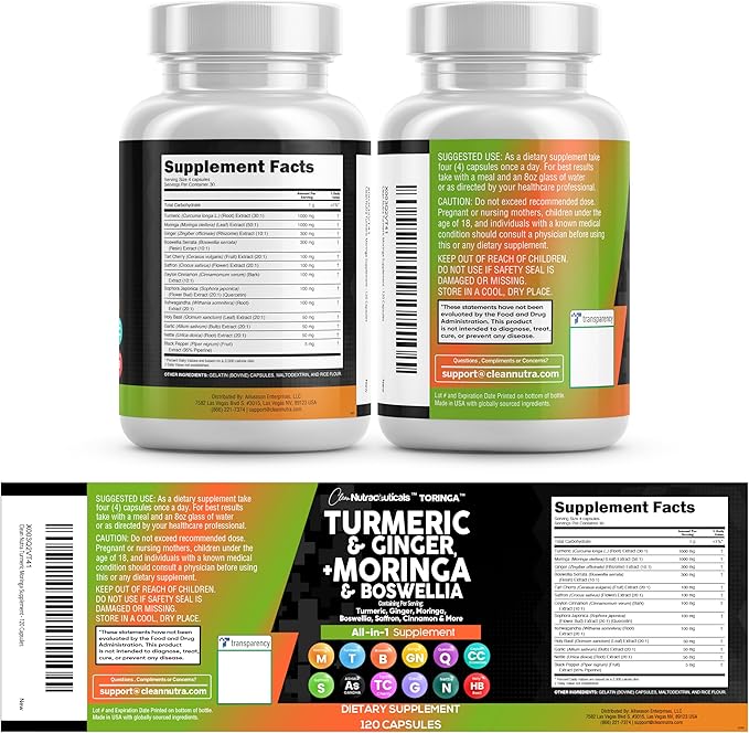 Turmeric Moringa Supplement | Ginger Boswellia Saffron - Supplement for Women and Men with Ceylon Cinnamon Tart Cherry Quercetin Garlic Nettle Holy Basil - 3Pack