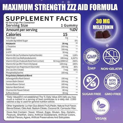 30mg Melatonin Gummies Supplement: Extra Strength Plus Magnesium Ashwagandha L-Theanine Chamomile Valerian GABA Vitamins B6 B12 D3 for Natural Zzz - Sugar Free for Nighttime Adults(120Count)