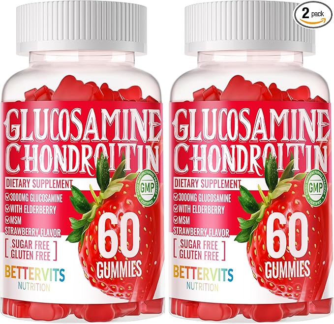 Glucosamine Chondroitin Gummies with MSM &amp Elderberry Extra Strength - Joint Support Antioxidant Immune Support Supplement for Adults Men &amp Women.120 Strawberry Gummies