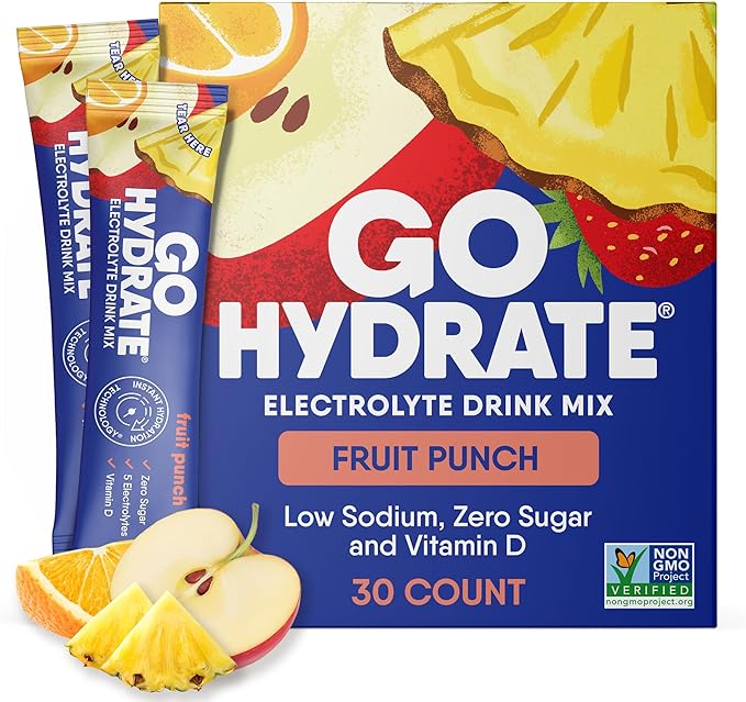 GoHydrate Instant Hydration Powder Packets - Low Sodium Electrolytes Drink Mix - Natural Hydration Support Sugar Free Electrolyte Flavored Powder Drink with Vitamin D 30 Packs Fruit Punch