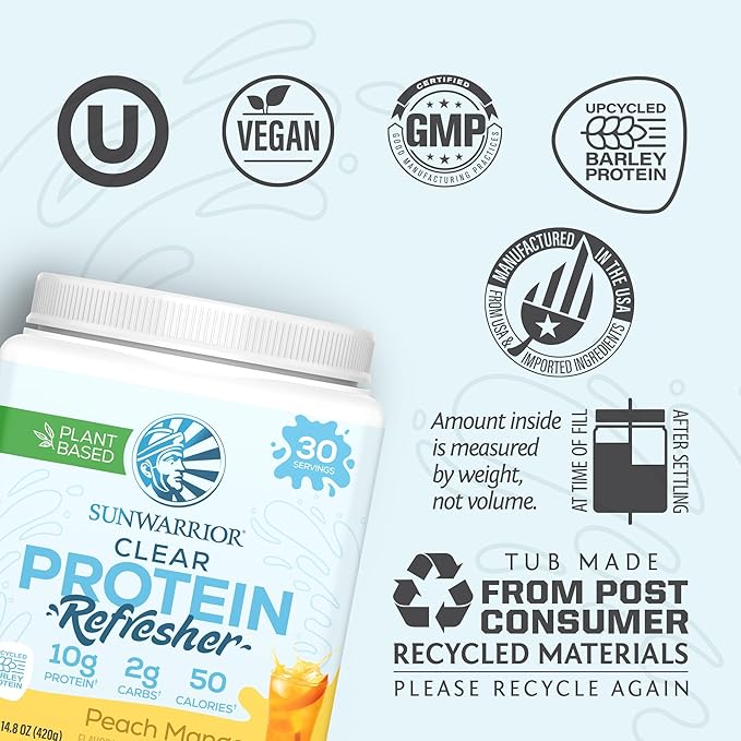 Sunwarrior Clear Protein Powder Plant-Based Water Mix Vegan and Refreshing Protein and Hydration Supplement 10g Per Serving Peach Mango Flavored 420g Tub 30 Servings