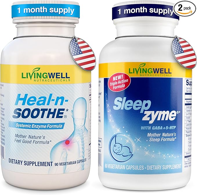Sleepzyme &amp HEAL-N-SOOTHE Bundle – Sleep Supplement with Melatonin GABA Magnesium and L-Theanine + Joint and Mobility Supplement with Proteolytic Enzymes Turmeric Ginger Boswellia &amp Brome