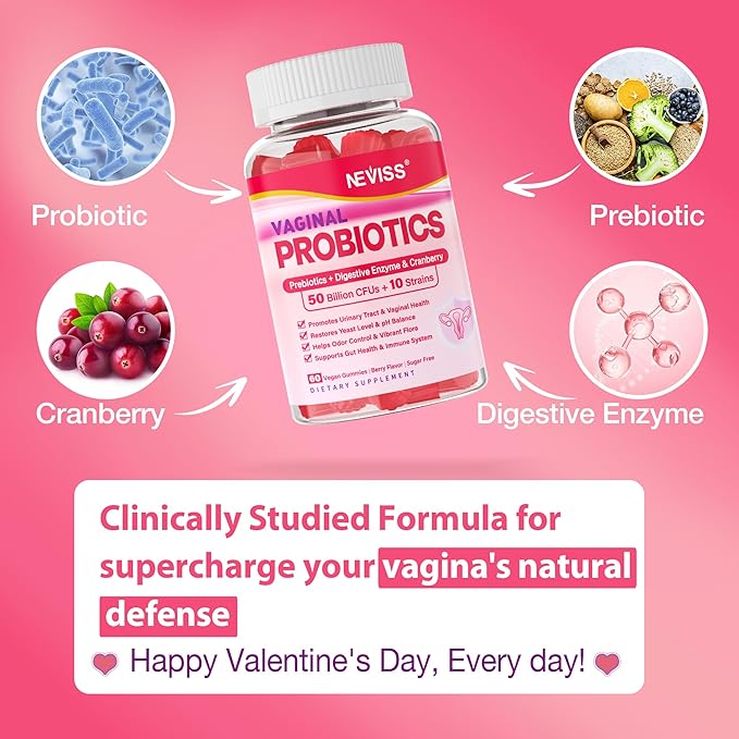 Vaginal Probiotics Gummies for Women PH Balance Odor Control with Prebiotics Cranberry D-Mannose Promotes Feminine Healthy Vaginal Flora Urinary Tract Yeast Digestive Support Sugar Free60Cts