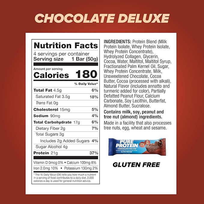 Pure Protein Bars High Protein Nutritious Snacks to Support Energy Low Sugar Gluten Free Chocolate Deluxe 1.76 oz. 48 Count