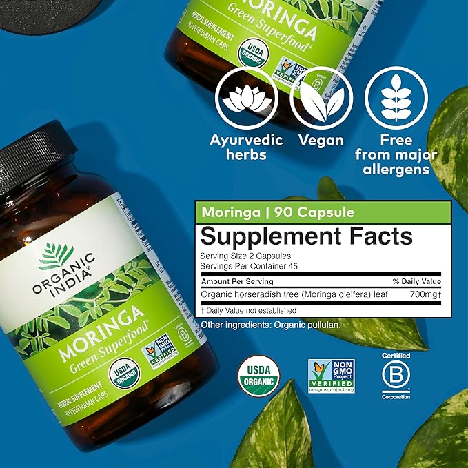 ORGANIC INDIA Moringa Herbal Supplement - Green Superfood Nutrient Dense Pure Plant Protein Vitamin A E K Iron Calcium Fiber Vegan Gluten-Free USDA Certified Organic - 90 Capsules
