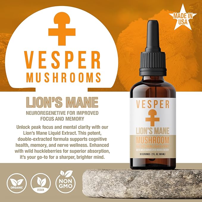 Vesper Lion’s Mane Mushroom Liquid Extract - Double Extraction with Wild Huckleberries for Brain Health Cognitive Support Focus &amp Immune Wellness USA-Grown for Clarity &amp Mental Performance