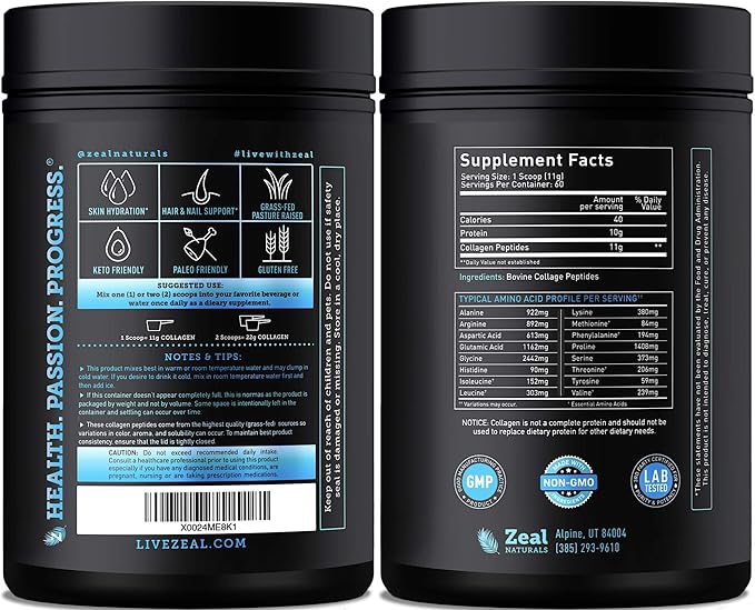 Zeal Naturals Hydrolyzed Collagen Peptides Powder 10g Protein | Grass-Fed Collagen for Women &amp Men | Essential Amino Acids | Hair Skin Nails Bone Health | 60 Servings Unflavored 23.53 oz.