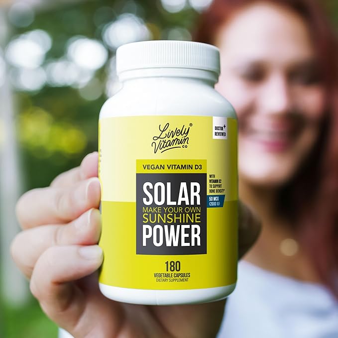 LIVELY VITAMIN CO. Solar Power Vitamin D3 2000 iu - Patented Vitamin K - MK7 - Immune Balance - Brain Function - Mood - Heart - Stress - 180 Count