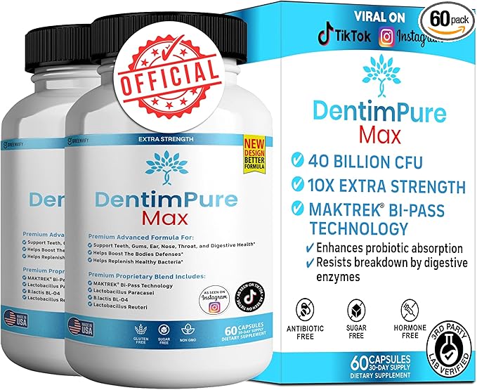 DentimPure Max Extra Strength Probiotic Supplement with 40 Billion CFU – Supports Teeth Gums Ear Nose Throat &amp Digestive Health – 60 Capsules (2)