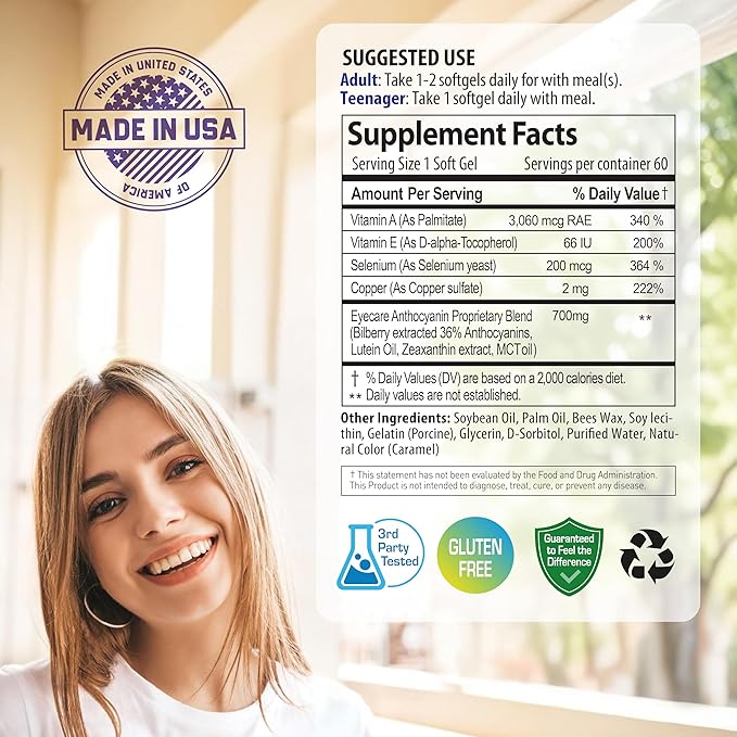 NANOWELL EyeCare Anthocyanins 100 - Eye Health Supplement with Bilberry Zeaxanthin Lutein Anthocyanins Vitamin A E Selenium &amp Copper - 60 Softgels 60 Day Supply